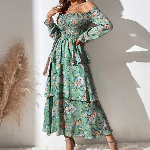 green Off The Shoulder Shirred Layered Hem Floral Printed Dress - Picture 3 of 8